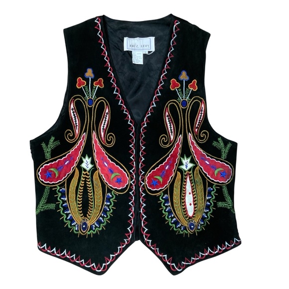 Erez Levy Jackets & Blazers - Erez Levy Vintage 80s Black Suede Embroidered Vest Paisley Folk Boho Art SZ M